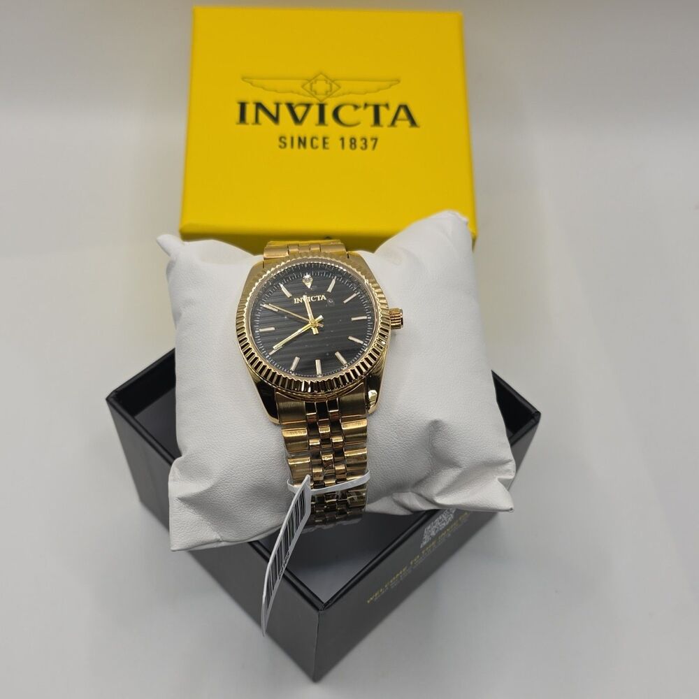 Invicta Gold-Tone Analog Wristwatch, Fluted Bezel, Black Dial, Box 69168 - Picture 2 of 4